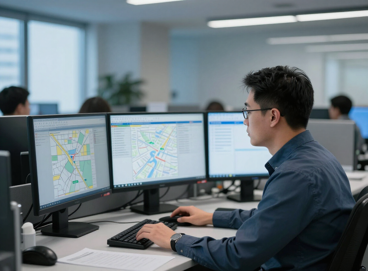 TomaFreight dispatcher working at a desk with load board maps