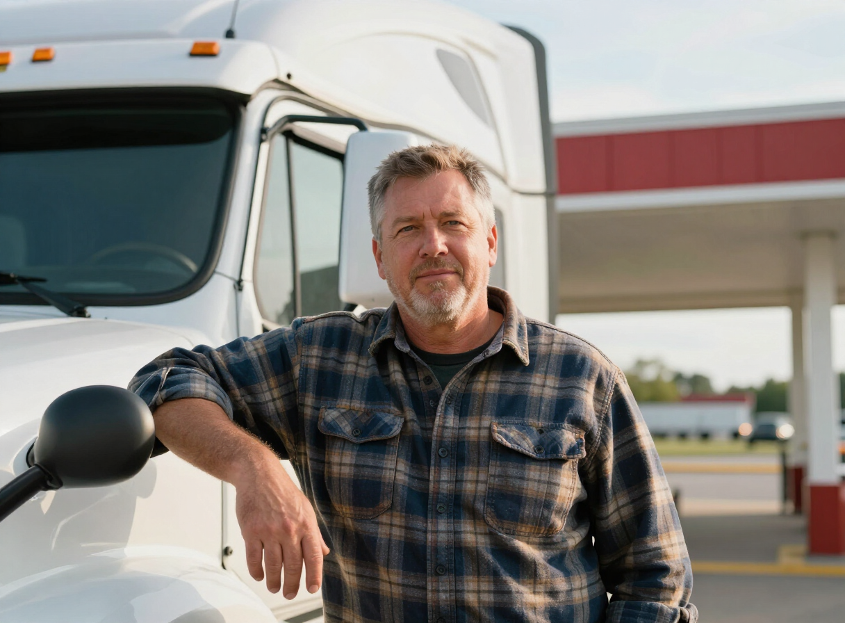 Owner-operator truck driver leaning on his semi cab
