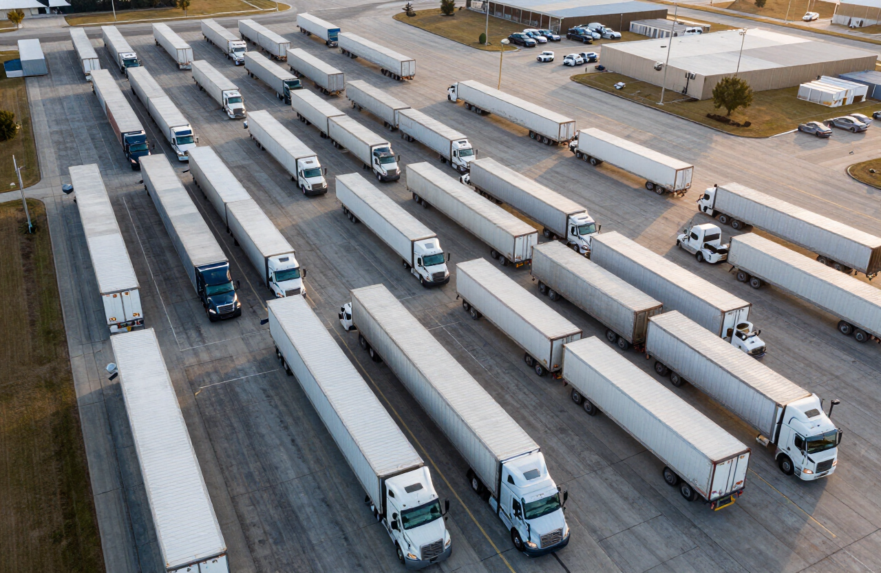 Fleet of semi trucks parked at a logistics center