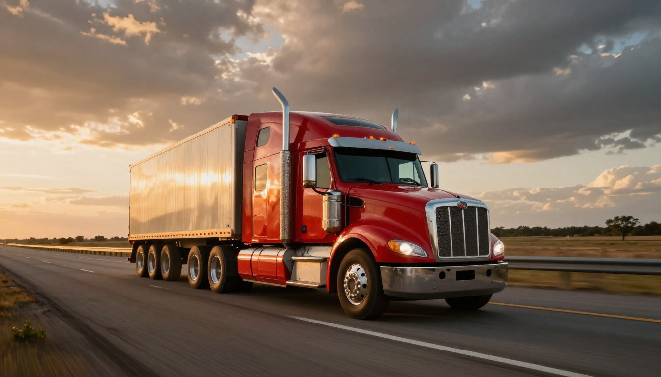 Semi truck driving on an open highway at golden hour